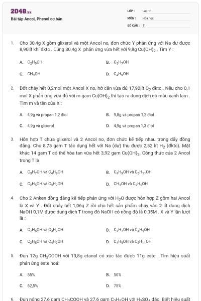 Bài tập Ancol, Phenol cơ bản