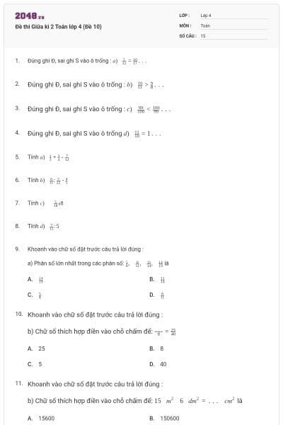 Đề thi Giữa kì 2 Toán lớp 4 (Đề 10)