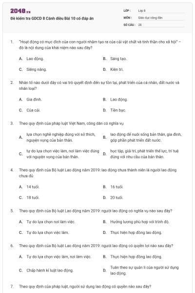 Đề kiểm tra GDCD 8 Cánh diều Bài 10 có đáp án