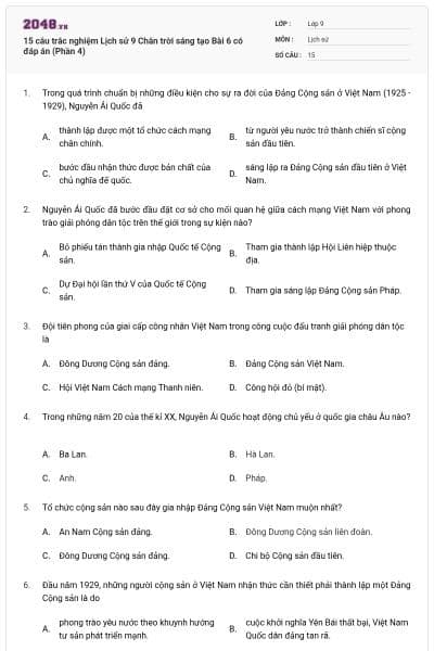 15 câu trắc nghiệm Lịch sử 9 Chân trời sáng tạo Bài 6 có đáp án (Phần 4)