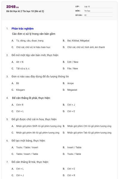 Đề thi Học kì 2 Tin học 10 (Đề số 2)