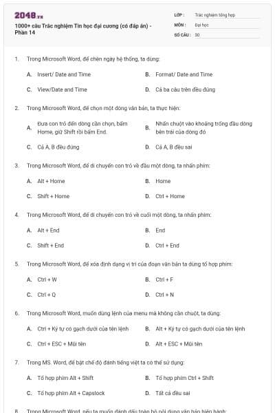 1000+ câu Trắc nghiệm Tin học đại cương (có đáp án) - Phần 14