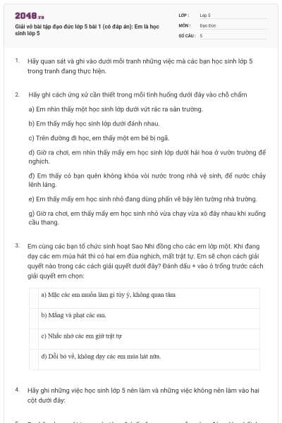 Giải vở bài tập đạo đức lớp 5 bài 1 (có đáp án): Em là học sinh lớp 5