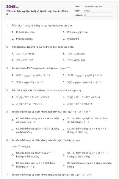 700+ câu Trắc nghiệm Xử lý số liệu tín hiệu đáp án - Phần 8