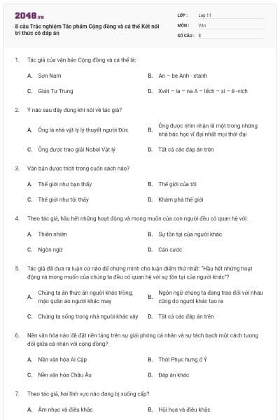 8 câu Trắc nghiệm Tác phẩm Cộng đồng và cá thể Kết nối tri thức có đáp án