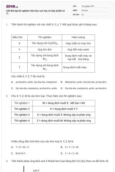 230 Bài tập thí nghiệm Hóa Học cực hay có đáp án(Đề số 7)
