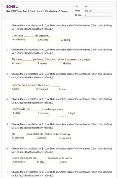 Giải VTH Tiếng Anh 7 End of term 1. Vocabulary có đáp án