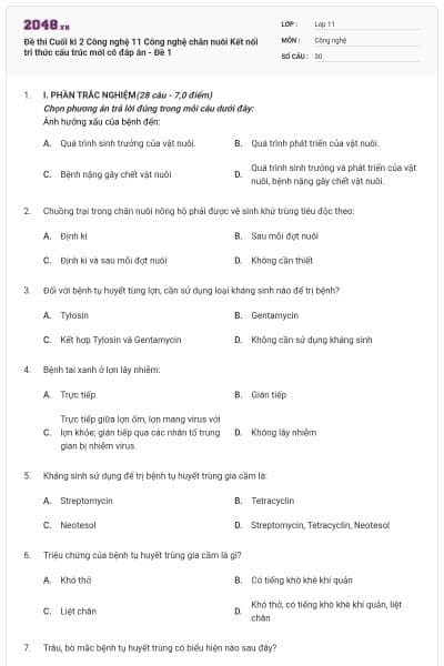 Đề thi Cuối kì 2 Công nghệ 11 Công nghệ chăn nuôi Kết nối tri thức cấu trúc mới có đáp án - Đề 1