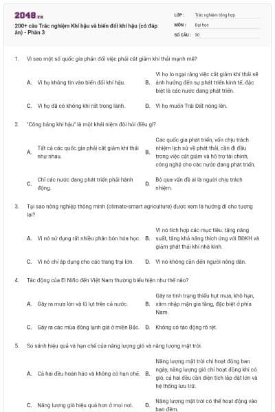 200+ câu Trắc nghiệm Khí hậu và biến đổi khí hậu (có đáp án) - Phần 3