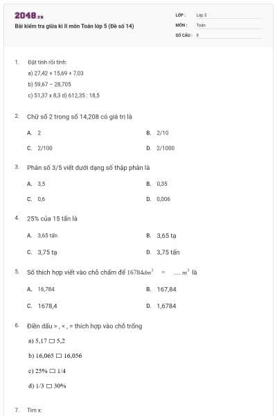Bài kiểm tra giữa kì II môn Toán lớp 5 (Đề số 14)