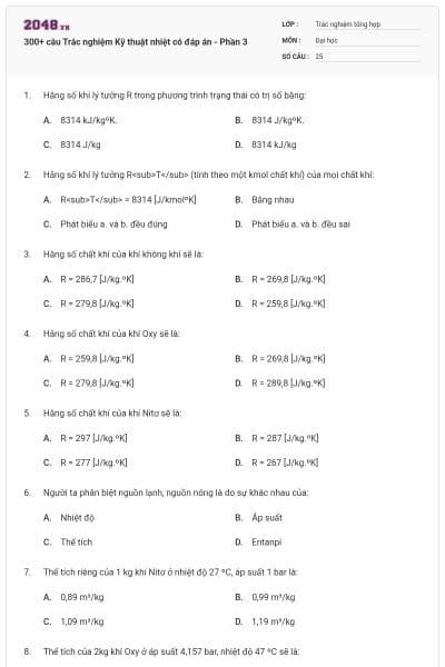 300+ câu Trắc nghiệm Kỹ thuật nhiệt có đáp án - Phần 3