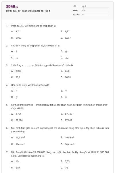 Đề thi cuối kì 1 Toán lớp 5 có đáp án  - Đề 1