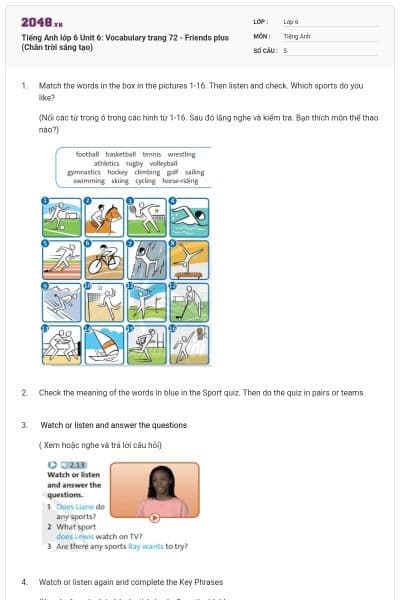 Tiếng Anh lớp 6 Unit 6: Vocabulary trang 72 - Friends plus (Chân trời sáng tạo)