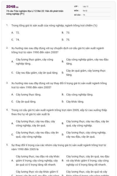 74 câu Trắc nghiệm Địa Lí 12 Bài 22: Vấn đề phát triển nông nghiệp (P1)