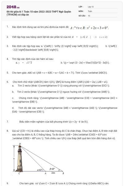 Đề thi giữa kì 1 Toán 10 năm 2022-2023 THPT Ngô Quyền (TP.HCM) có đáp án