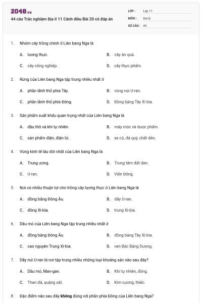 44 câu Trắc nghiệm Địa lí 11 Cánh diều Bài 20 có đáp án