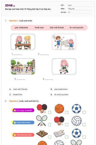 Bài tập cuối tuần Unit 10 Tiếng Anh lớp 3 (có đáp án)