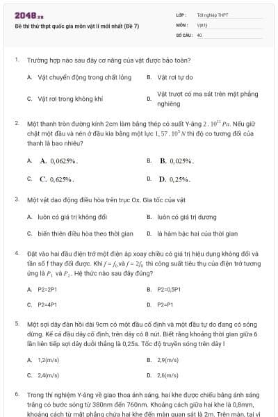 Đề thi thử thpt quốc gia môn vật lí mới nhất (Đề 7)