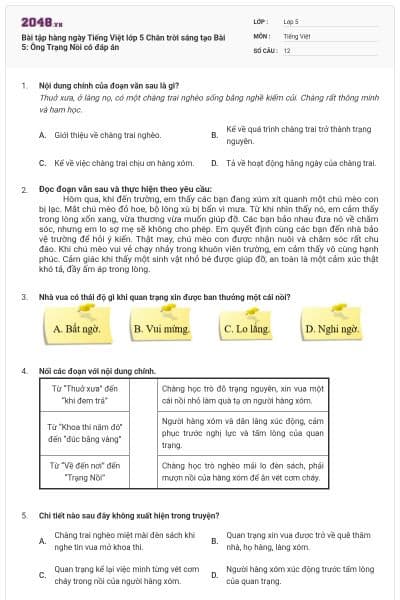Bài tập hàng ngày Tiếng Việt lớp 5 Chân trời sáng tạo Bài 5: Ông Trạng Nồi có đáp án