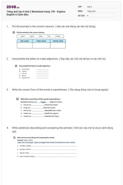 Tiếng Anh lớp 6 Unit 2 Worksheet trang 139 - Explore English 6 Cánh diều