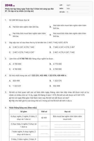 Phiếu bài tập hàng ngày Toán lớp 5 Chân trời sáng tạo Bài 87. Ôn tập số tự nhiên (có đáp án)