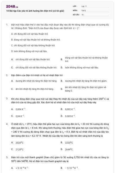 10 Bài tập Các yếu tố ảnh hưởng lên điện trở (có lời giải)