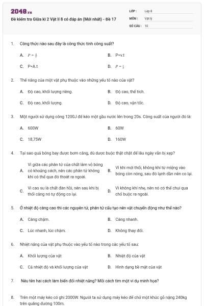 Đề kiểm tra Giữa kì 2 Vật lí 8 có đáp án (Mới nhất) - Đề 17