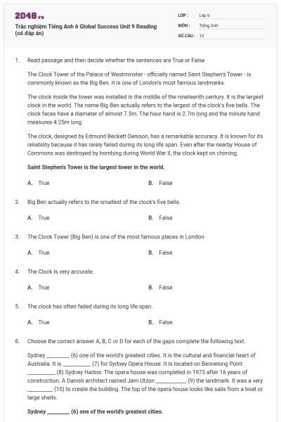 Trắc nghiệm Tiếng Anh 6 Global Success Unit 9 Reading (có đáp án)