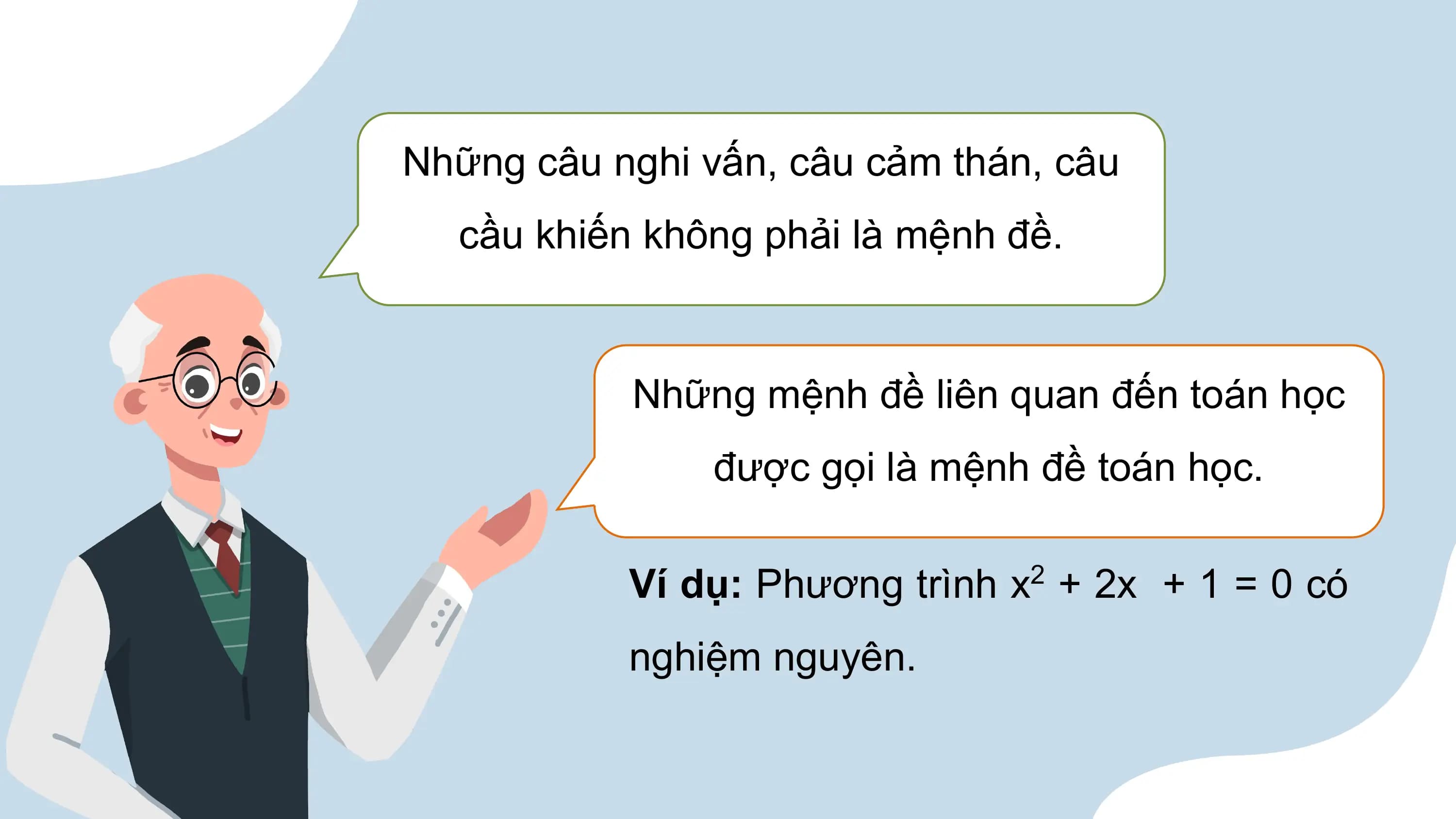 Những câu nghi vấn, câu cảm thán, câu
 cầu khiến không phải là mệnh đề.

 Những mệnh đề liên quan đến toán học
 được gọi là mệnh đề toán học.

 Ví dụ: Phương trình x2 + 2x + 1 = 0 có
 nghiệm nguyên.
