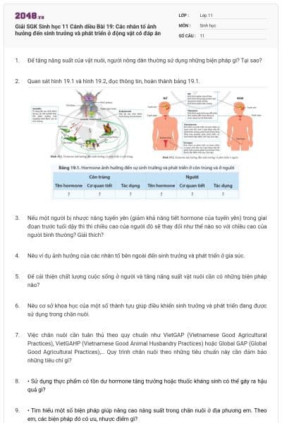 Giải SGK Sinh học 11 Cánh diều Bài 19: Các nhân tố ảnh hưởng đến sinh trưởng và phát triển ở động vật có đáp án
