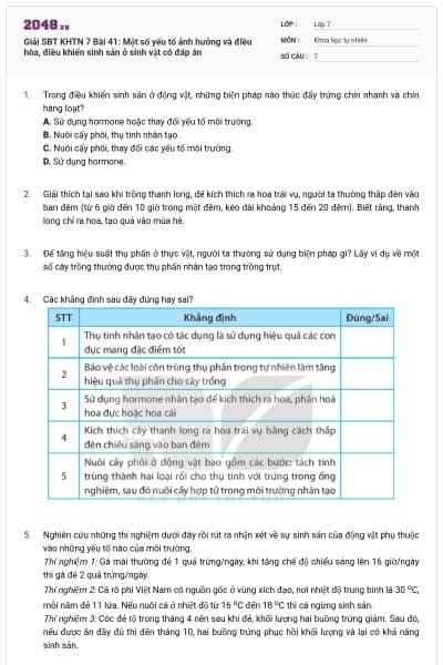 Giải SBT KHTN 7 Bài 41: Một số yếu tố ảnh hưởng và điều hòa, điều khiển sinh sản ở sinh vật có đáp án