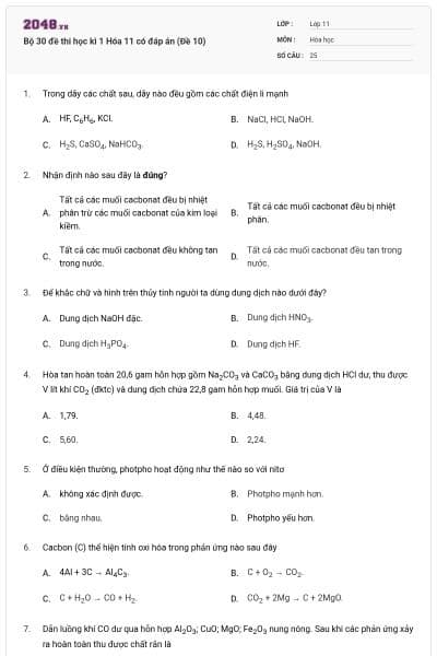 Bộ 30 đề thi học kì 1 Hóa 11 có đáp án (Đề 10)