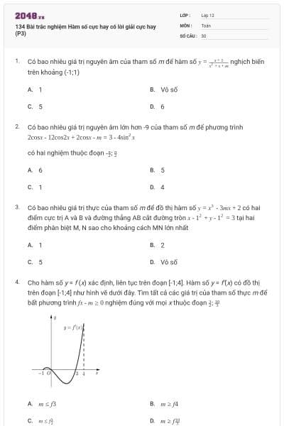 134 Bài trắc nghiệm Hàm số cực hay có lời giải cực hay (P3)