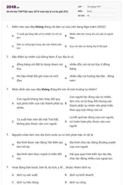 Đề thi thử THPTQG năm 2019 môn Địa lý có lời giải (P2)