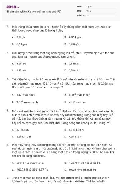40 câu trắc nghiệm Cơ học chất lưu nâng cao (P2)