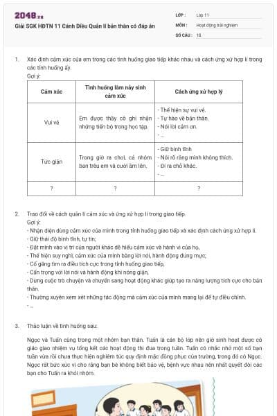 Giải SGK HĐTN 11 Cánh Diều Quản lí bản thân có đáp án