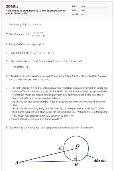 Tổng hợp đề thi chính thức vào 10 môn Toán năm 2019 có đáp án (Phần 1)- Đề 2