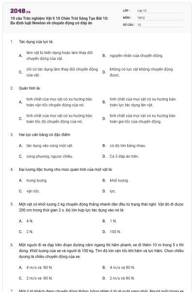 10 câu Trắc nghiệm Vật lí 10 Chân Trời Sáng Tạo Bài 10: Ba định luật Newton về chuyển động có đáp án