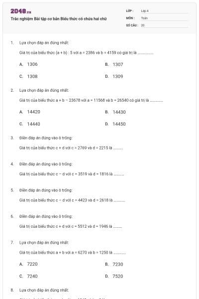 Trắc nghiệm Bài tập cơ bản Biểu thức có chứa hai chữ