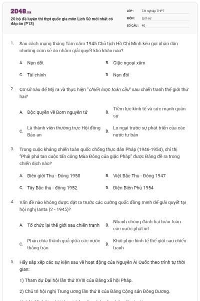 20 bộ đề luyện thi thpt quốc gia môn Lịch Sử mới nhất có đáp án (P13)