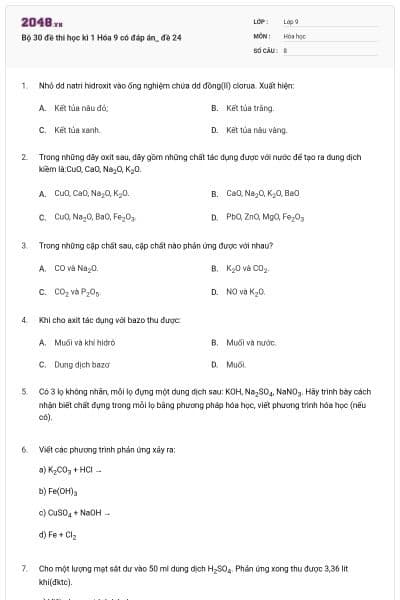 Bộ 30 đề thi học kì 1 Hóa 9 có đáp án_ đề 24