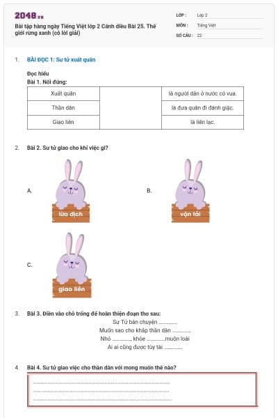 Bài tập hàng ngày Tiếng Việt lớp 2 Cánh diều Bài 25. Thế giới rừng xanh (có lời giải)