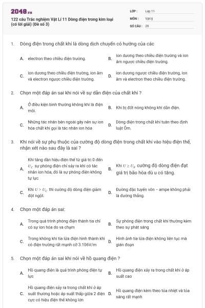 122 câu  Trắc nghiệm Vật Lí 11 Dòng điện trong kim loại (có lời giải) (Đề số 3)