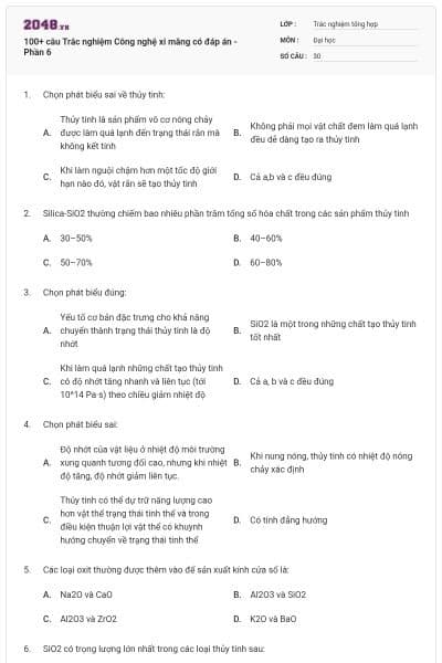 100+ câu Trắc nghiệm Công nghệ xi măng có đáp án - Phần 6