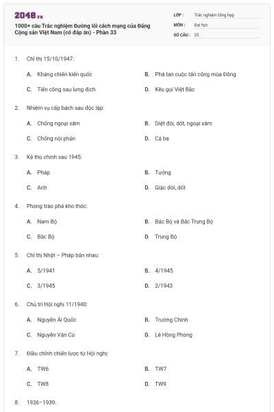 1000+ câu Trắc nghiệm Đường lối cách mạng của Đảng Cộng sản Việt Nam (có đáp án) - Phần 33