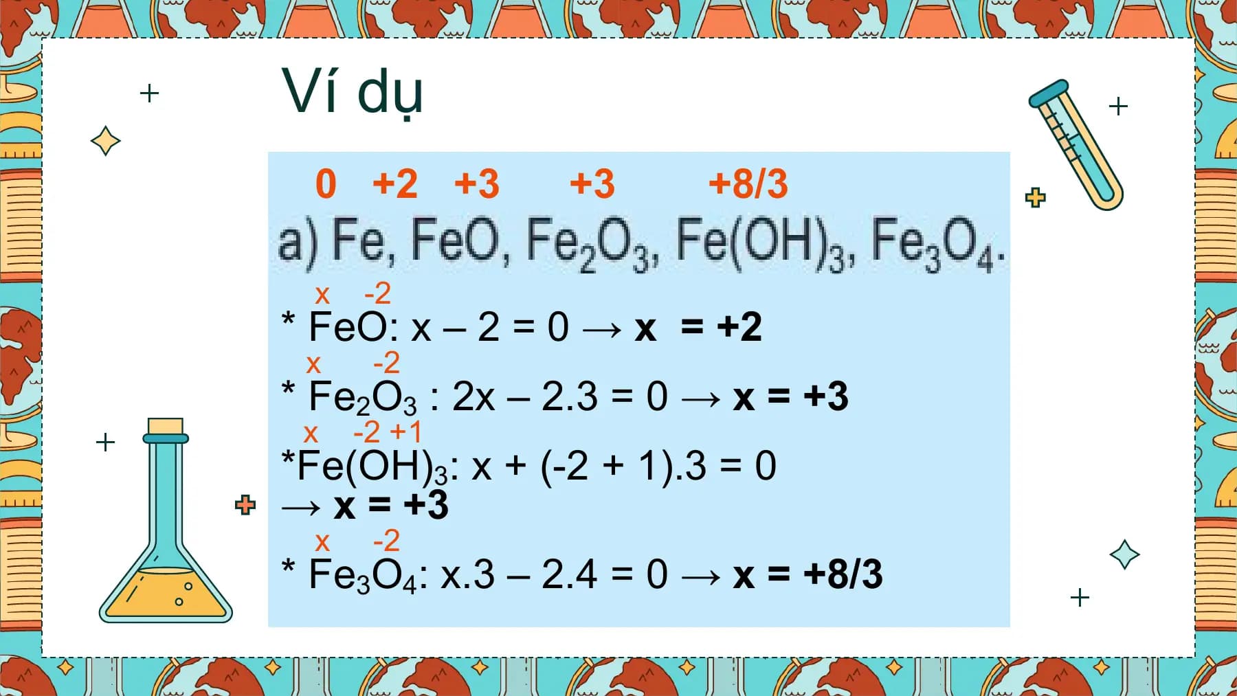 Ví dụ
 0 +2 +3 +3 +8/3

 x -2
* FeO: x – 2 = 0 → x = +2
 x -2
* Fe2O3 : 2x – 2.3 = 0 → x = +3
 x -2 +1
*Fe(OH)3: x + (-2 + 1).3 = 0
→ x = +3
 x -2
* Fe3O4: x.3 – 2.4 = 0 → x = +8/3