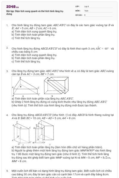 Bài tập: Diện tích xung quanh và thể tích  hình lăng trụ đứng