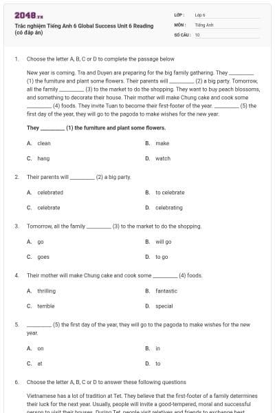 Trắc nghiệm Tiếng Anh 6 Global Success Unit 6 Reading (có đáp án)