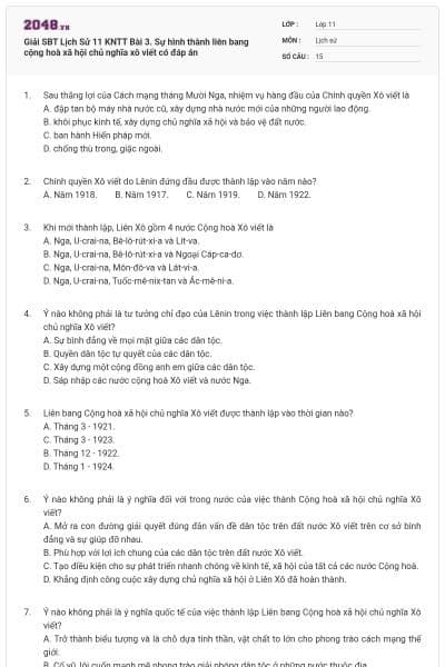Giải SBT Lịch Sử 11 KNTT Bài 3. Sự hình thành liên bang cộng hoà xã hội chủ nghĩa xô viết có đáp án
