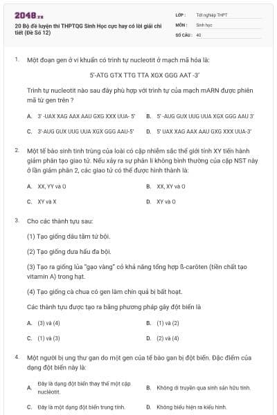 20 Bộ đề luyện thi THPTQG Sinh Học cực hay có lời giải chi tiết (Đề Số 12)